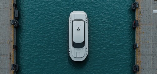 Aerial View of a White Luxury Yacht Docked in Tranquil Blue Waters Surrounded by Concrete Pier Bathed in Soft Natural Light