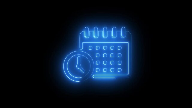 glowing neon calender icon, Calendar icon with clock icon ,