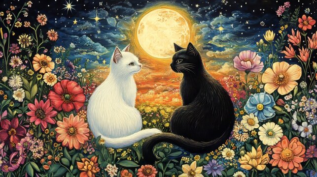 An intricate and captivating design showcasing a yin-yang-inspired image of a black and white cat sitting together in a garden filled with flowers. The background portrays a celestial contrast of day 