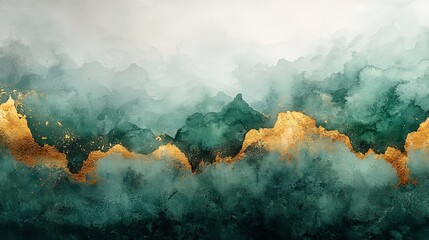Abstract watercolor landscape with teal and gold tones.
