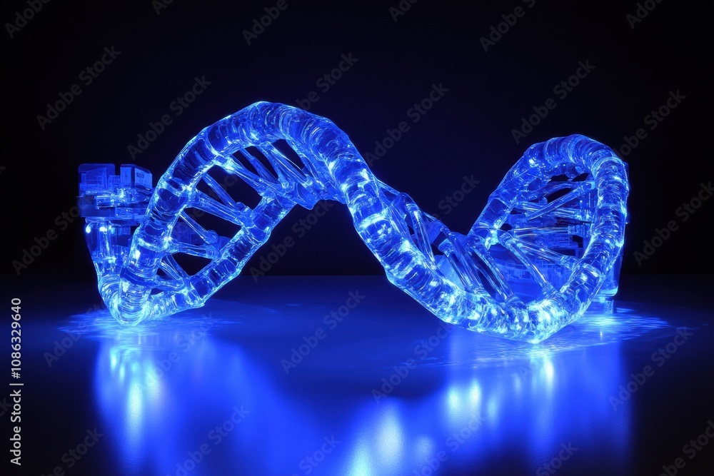 Poster a luminous representation of a dna double helix is displayed in blue light, emphasizing the intricat