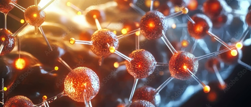 Poster the image depicts a close-up view of molecular structures, showcasing interconnected atoms and a glo
