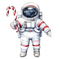 Fototapeta premium Astronaut Holding Candy Cane Space Christmas Watercolor Festive Winter Holiday Gala