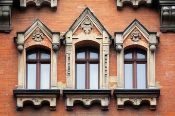 Obraz premium Three arched windows with ornate trim on a brick building.