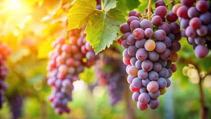 Fototapeta premium Plump and juicy grapes on a vine, grapes, fruit, harvest, vineyard, agriculture, organic, fresh, food, healthy, delicious, cluster