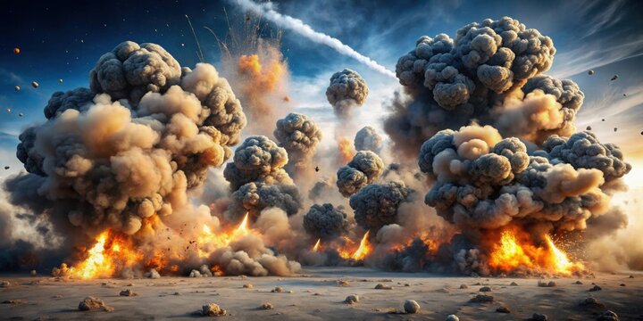 Explosive cluster bomb detonation with destructive fragments in air , warfare, explosion, bomb, fragment, destruction, conflict