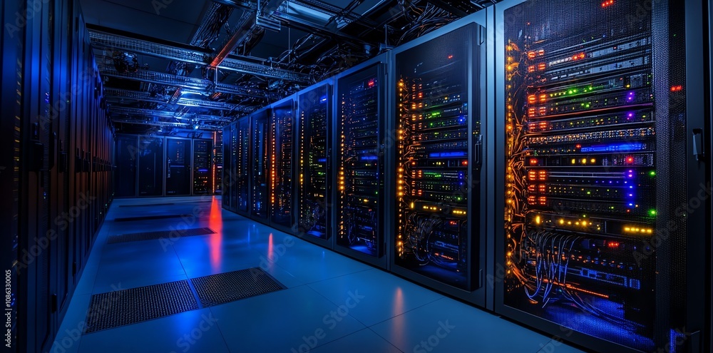 Poster a long row of server racks in a data center with glowing lights and network cables.