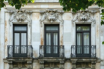 Three ornate windows with balconies on a historic building facade. (1)