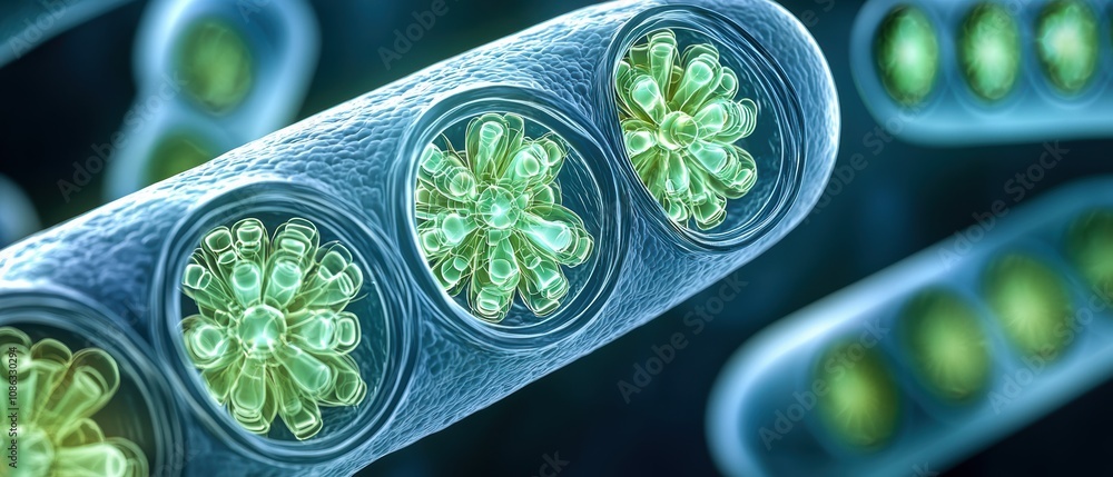 Poster a microscopic view of green microorganisms, showcasing their intricate structures and cellular arran