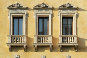Three ornate windows with balconies on a yellow building.