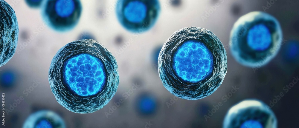 Poster the image showcases a close-up of spherical cells with a blue hue, set against a blurred background,