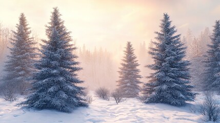Fototapeta premium A serene winter landscape featuring tall evergreen trees covered in a thick layer of snow. The setting is enveloped in a soft mist that blurs the trees into the background. The sunlight filters throug