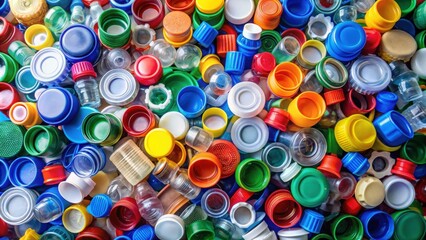 Top view of colorful plastic containers, a pile of bottle caps and bottles, plastic, containers, colorful, bottle caps