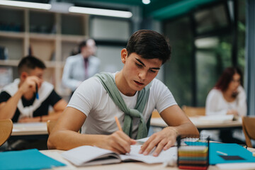 A student attentively writes in a notebook, surrounded by classmates in a modern classroom setting. The scene conveys dedication, focus, and a vibrant learning environment.