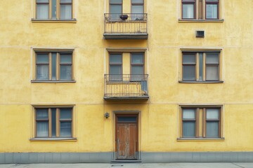 Yellow facade of an apartment building with two balconies and a wooden door.