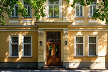 Yellow building with wooden door and leafy tree shadows.