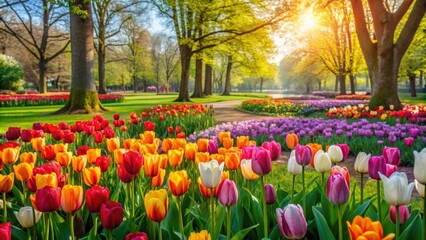 Lush tulip garden in the park, vibrant spring blooms, beautiful park decorations, tulips, park, flowers, spring, blooms