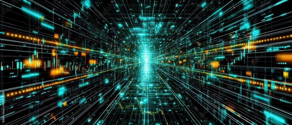 Poster a vibrant digital landscape depicting interconnected data streams and luminous patterns, suggesting 