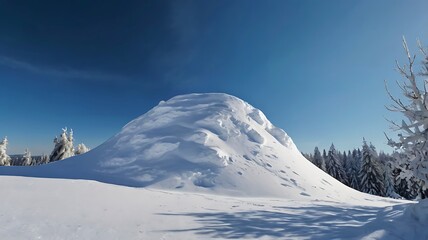 Snowy landscape with a large mound of snow in the foreground, under a bright blue sky.