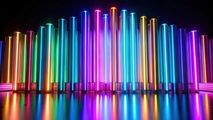 Fototapeta premium Glowing reflective iridescent neon tubes against dark background, neon, tubes, lights, vibrant, colorful, reflection