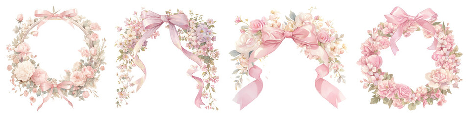 Obraz premium Pink coquette floral wreath png cut out element set