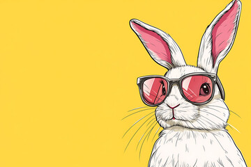 A stylish rabbit wearing sunglasses against a bright yellow background.