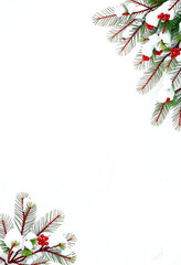 Snowy winter with fir branches fla lay border and copy space background for flyer