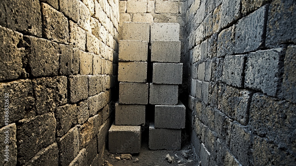 Poster a narrow corridor lined with rough stone walls, containing a stack of large, rectangular blocks, ill