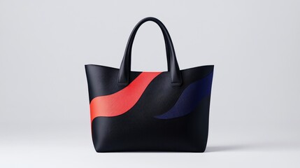A stylish black tote bag with red and blue wave designs.