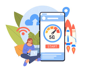 Woman with fast internet 5g. Young girl with laptop. Fast wireless connection, good wi fi. Broadband and technology, dashboard. Flat vector illustration isolated on white background