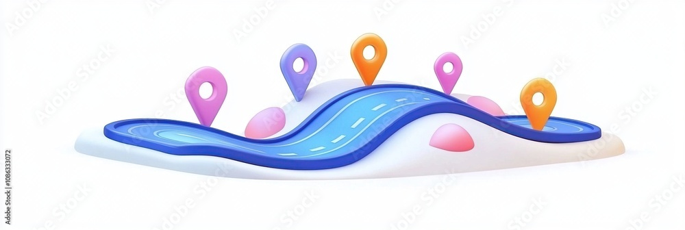 Poster 3d render of a winding road with location markers, illustrating journey or navigation