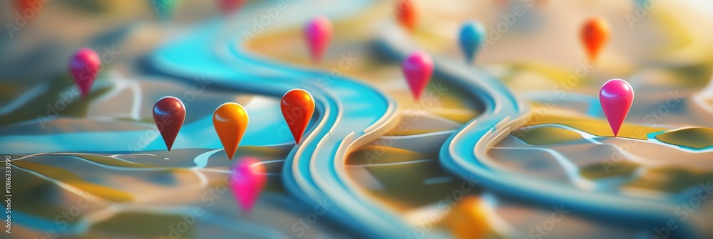 Poster colorful 3d map with location markers: a vibrant visualization of navigation and travel