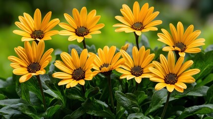 A vibrant cluster of yellow flowers blooms amidst lush green foliage, creating a cheerful and lively garden scene.