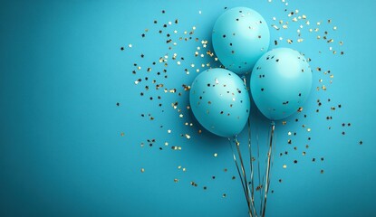 Celebration Balloons with Golden Confetti on Blue Background