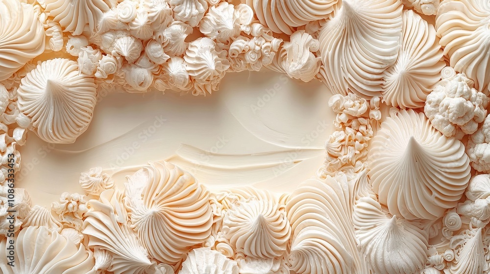 Poster decorative ocean-inspired backdrop of intricate shell designs in soft cream tones, showcasing delica