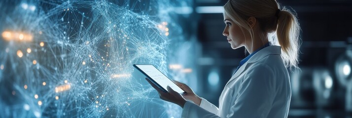 A doctor in a white coat studies patient data on a tablet, surrounded by digital graphics in a high-tech laboratory during the day. Generative AI