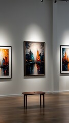 An art gallery with paintings hanging on a white wall, photographed in a high-detail, minimal style