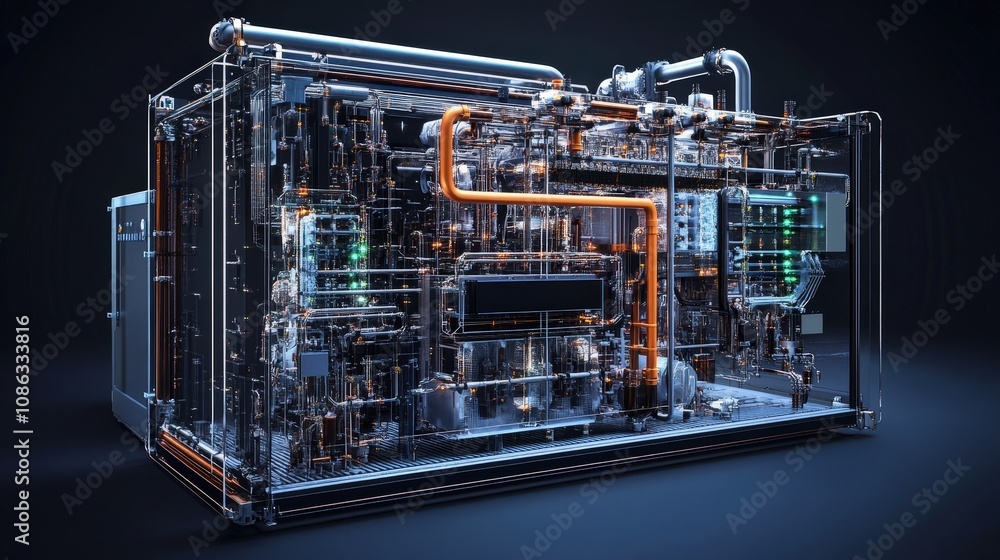 Poster an intricate quantum processor with cooling pipes and sensors, showing the advanced hardware require