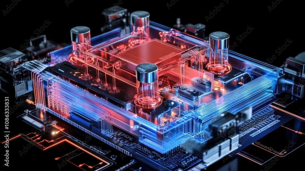 Poster an intricate quantum processor with cooling pipes and sensors, showing the advanced hardware require