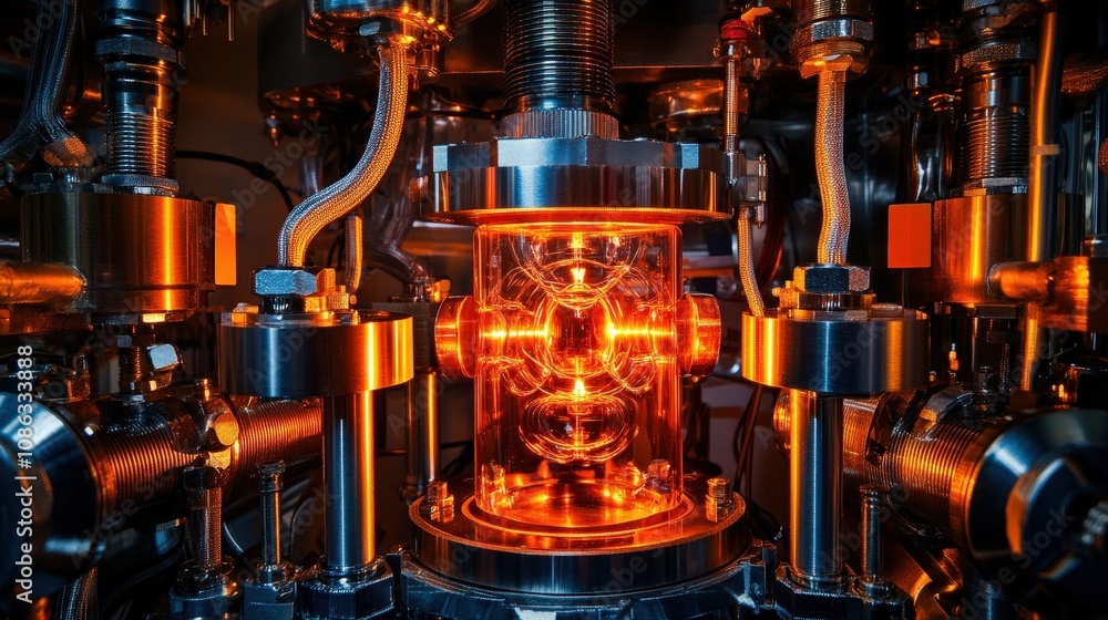 Poster an intricate quantum processor with cooling pipes and sensors, showing the advanced hardware require