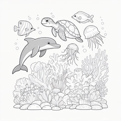 Fototapeta premium A collection of sea creatures like a dolphin, turtle, jelly fish, and fish swimming through outlined coral reefs. coloring page 