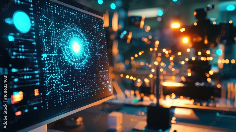 Poster quantum computing researchers analyzing simulation data, aiming to solve complex problems beyond cla