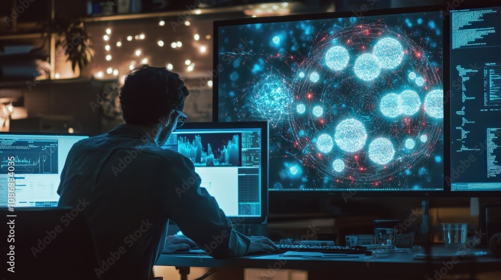 Aufkleber quantum computing researchers analyzing simulation data, aiming to solve complex problems beyond cla