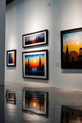 An art gallery with paintings hanging on a white wall, photographed in a high-detail, minimal style