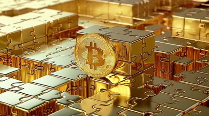 A shiny golden Bitcoin rests atop a stack of gleaming puzzle pieces, symbolizing the integration of cryptocurrency in digital finance and technology.