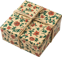 Gift box wrapped in floral paper with twine