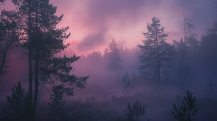 Misty forest at dawn, ethereal and mysterious