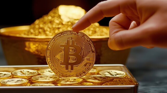 A hand holding a Bitcoin above a stack of gold bars, symbolizing the intersection of cryptocurrency and traditional wealth.