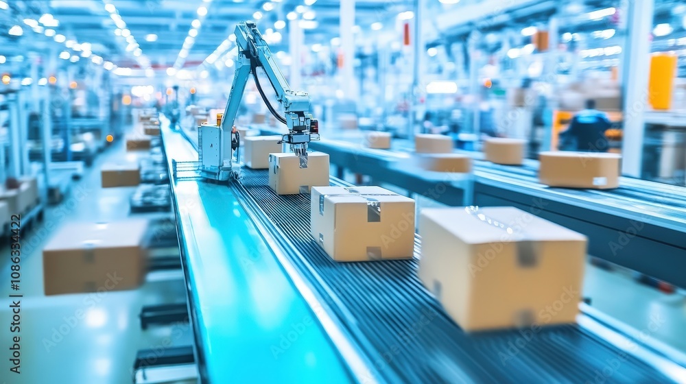 Poster automated machinery packaging products on a factory line, efficiently sorting, sealing, and labeling