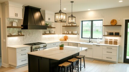 A modern kitchen featuring a stylish island, open shelving, a black hood, and warm lighting, creating a welcoming and functional space.